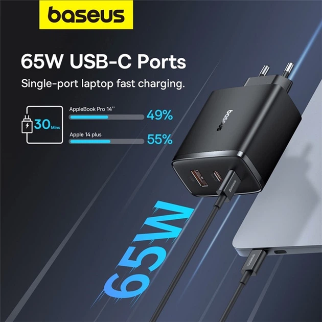 Сетевое зарядное устройство Baseus Cube Pro Fast Charger 2C+U 65W EU Cluster Black (P10152301113-00) - изображение 6