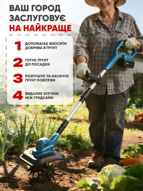 Аккумуляторный ручной культиватор для рыхления и пропалки земли 2 АКБ + LED дисплей синий - изображение 2