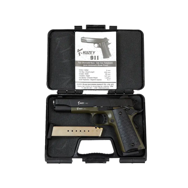 Стартовый пистолет Kuzey 911 black/haki, черные ручки, с доп. магазином (Colt 1911) - изображение 3