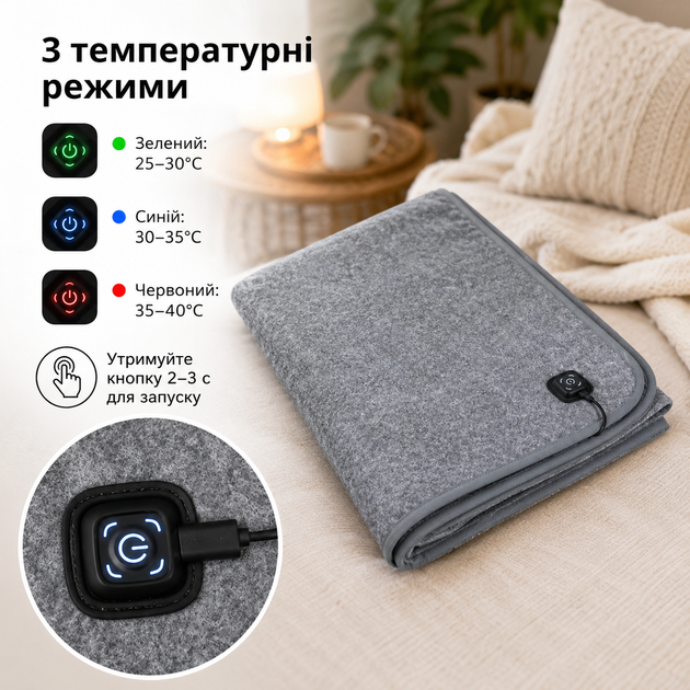 Электропростынь с подогревом USB 160×80 см серая – электроплед от павербанка с 3 режимами нагрева - изображение 2