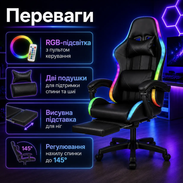 Геймерское кресло ProGame GX-150 до 150 кг с RGB-подсветкой Подставка для ног Наклон спинки 145° Газлифт Tilt Подушки для шеи и поясницы - изображение 2