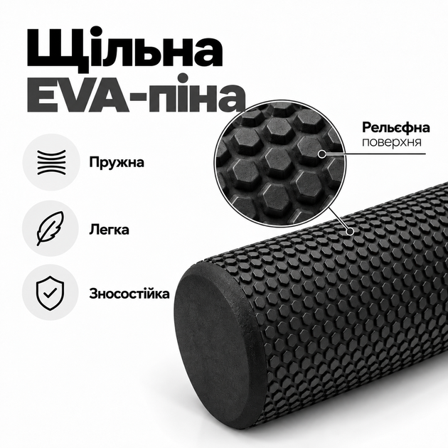 Масажний ролик Foam Roller 45×15 см — рельєфний, EVA Чорний - Фото 2 Масажний ролик Foam Roller 45×15 см — рельєфний, EVA Чорний - зображення 2