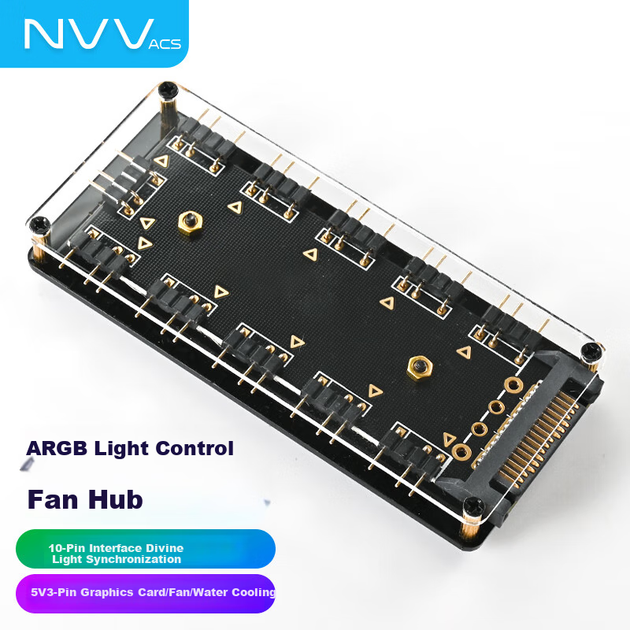 NVV Fan Hub ARGB синхронізоване освітлення, контролер вентиляторів материнської плати комп'ютера з 10-портовим розширювальним FAN HUB, RGB підсвічування, 2V 4-контактний концентратор NZ-FH01 - зображення 4