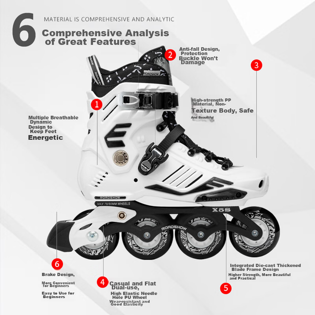 Роликові ковзани ROADSHOW X5s для дорослих, роликові ковзани з прямими колесами, повсякденні плоскі колеса для чоловіків та жінок, ковзани для початківців, білі, розмір 36-37 - зображення 5