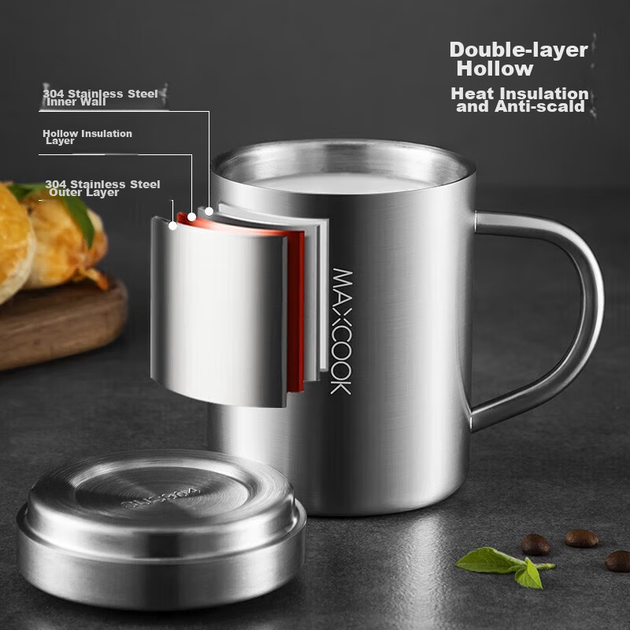 Детская двухслойная кружка для воды MAXCOOK из нержавеющей стали 304 с крышкой, с ситечком для чая и ручкой, 300 мл. - изображение 6