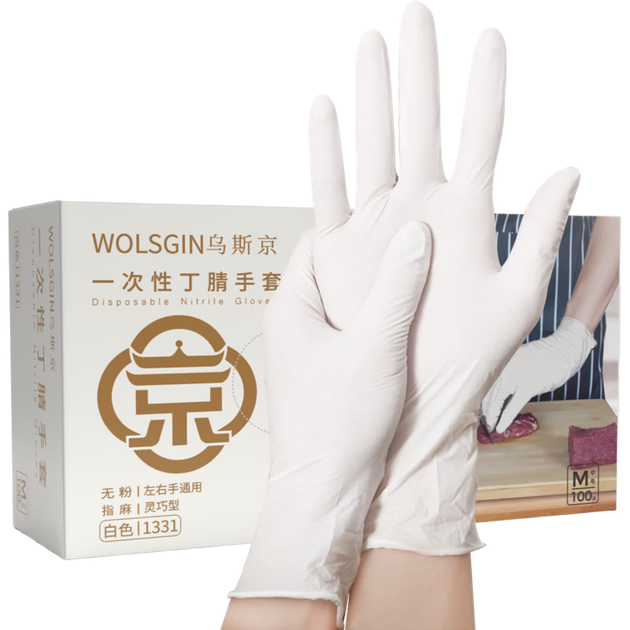 Одноразовые нитриловые перчатки WOLSGIN, 100 штук, размер L, пищевые кухонные перчатки из латексной резины, белые. - изображение 4