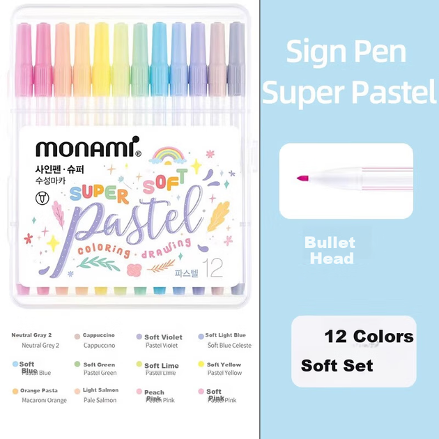 Набор акварельных ручек Monami Super Pastel на водной основе, контурные ручки для рисования и ведения дневника, раскрашивания, мягкая серия 0,7 мм, 12 цветов, артикул 04045Z12. - изображение 2