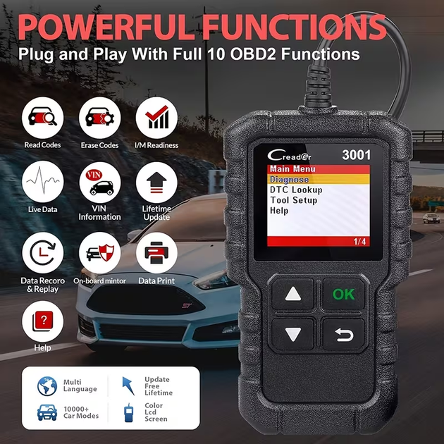 Автомобильный диагностический сканер LAUNCH Creader 3001 OBD2/EOBD — цветной дисплей, считывание и сброс ошибок двигателя Check Engine - изображение 3