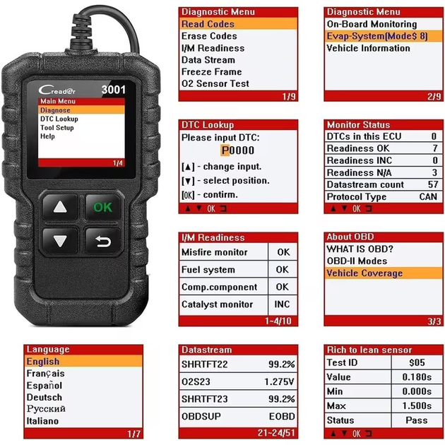 Автомобильный диагностический сканер LAUNCH Creader 3001 OBD2/EOBD — цветной дисплей, считывание и сброс ошибок двигателя Check Engine - изображение 6
