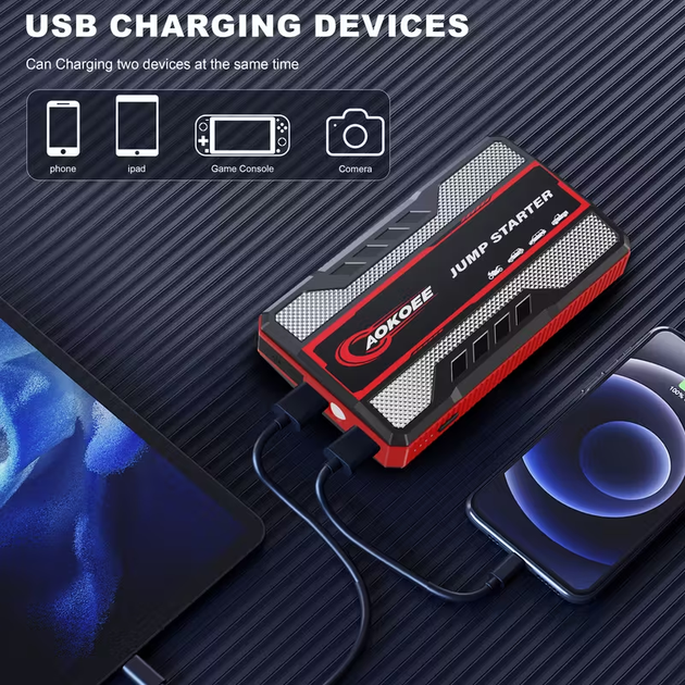 Портативное пусковое устройство для авто AOKOEE Jump Starter 12V — Бустер, повербанк, LED-фонарик 300 LM, 2xUSB - изображение 5