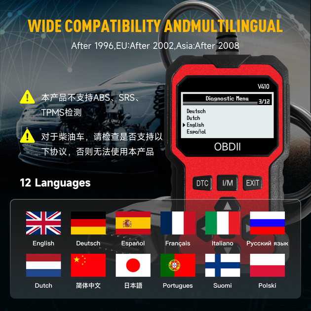 Автосканер диагностический OEM V410 OBD2 проводной с дисплеем - изображение 6