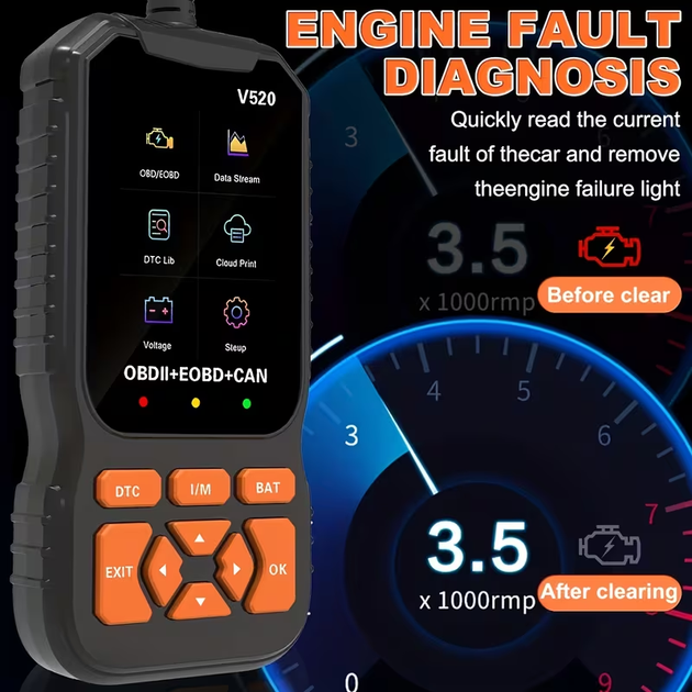 Автомобильный диагностический сканер OBD2 V520 (Upgraded 2026) — считывание ошибок Check Engine, цветной дисплей, 35 900+ кодов DTC - изображение 4