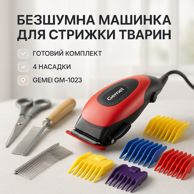Машинка Gemei GM-1023 для стрижки тварин з 4 насадками для будь-якого типу вовни + ножиці та гребінець - Фото 1 Машинка Gemei GM-1023 для стрижки тварин з 4 насадками для будь-якого типу вовни + ножиці та гребінець - зображення 1
