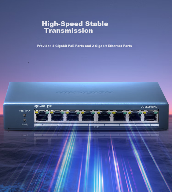 Коммутатор Hikvision DS-3E0508P-E на 8 гигабитных портов PoE неуправляемый в металлическом корпусе с грозозащитой - Фото 2 Коммутатор Hikvision DS-3E0508P-E на 8 гигабитных портов PoE неуправляемый в металлическом корпусе с грозозащитой - изображение 2