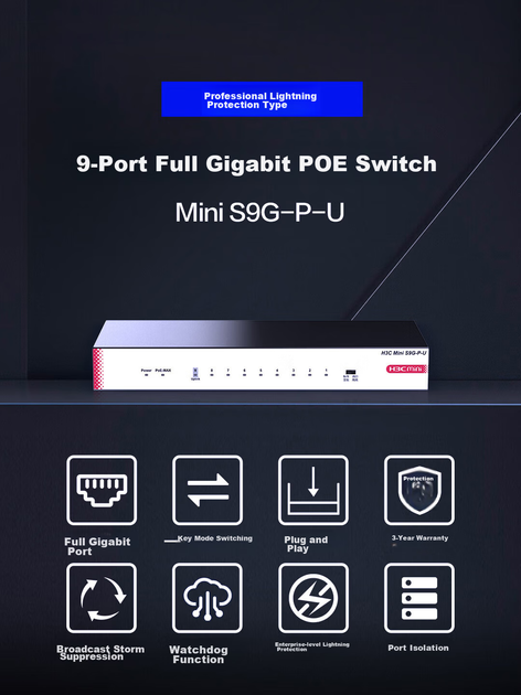 H3C 9-портовый гигабитный PoE-коммутатор, неуправляемый коммутатор корпоративного класса, разветвитель кабеля для систем видеонаблюдения, блок питания PoE 72 Вт, замена S9G-P для S9G-P - изображение 9