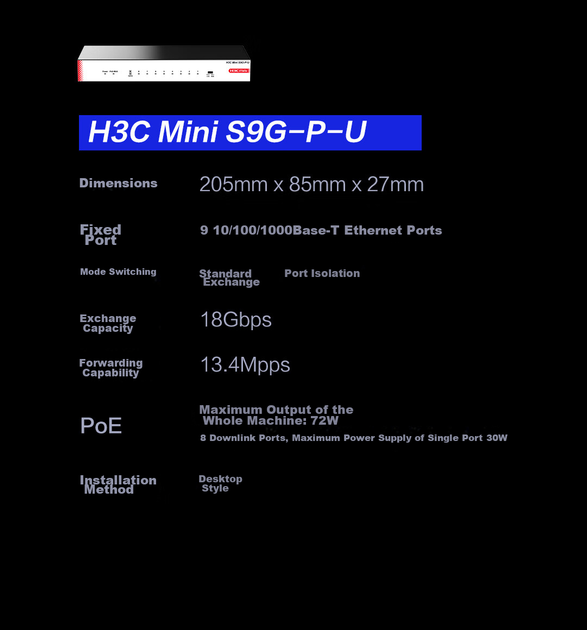 H3C 9-портовый гигабитный PoE-коммутатор, неуправляемый коммутатор корпоративного класса, разветвитель кабеля для систем видеонаблюдения, блок питания PoE 72 Вт, замена S9G-P для S9G-P - изображение 10