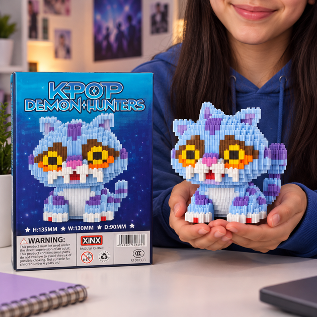 Микроблочный конструктор XINX K-Pop Demon Hunters Синий демон-кот, 1436 деталей, 13,5 см, 14+ - изображение 4