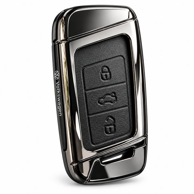 Чехол для ключа Volkswagen 3 кнопки металлический с экокожей и брелоком-карабином, черный - Фото 4 Чехол для ключа Volkswagen 3 кнопки металлический с экокожей и брелоком-карабином, черный - изображение 4