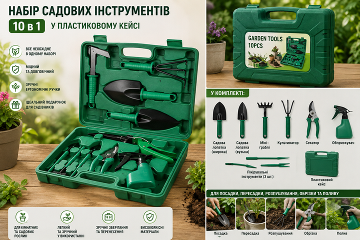 Набір садових інструментів 10 в 1 у пластиковому кейсі | Для догляду за рослинами та розсади - Фото 1 Набір садових інструментів 10 в 1 у пластиковому кейсі | Для догляду за рослинами та розсади - изображение 1