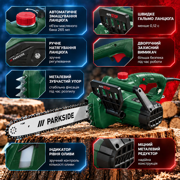 Сетевая цепная пила PARKSIDE PKS 1600 B2 1600 Вт длина реза 34 см Электропила с тормозом Quick-Stop и резервуаром объемом 265 мл - Фото 4 Сетевая цепная пила PARKSIDE PKS 1600 B2 1600 Вт длина реза 34 см Электропила с тормозом Quick-Stop и резервуаром объемом 265 мл - изображение 4
