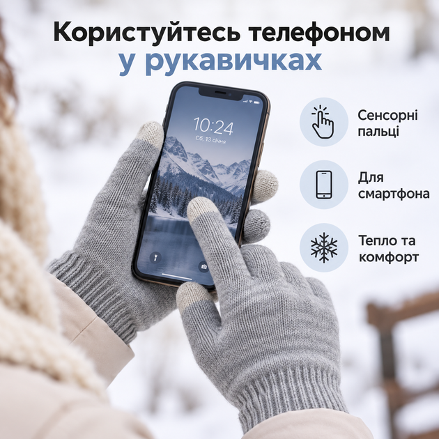 Перчатки зимние сенсорные с начесом, теплые вязаные перчатки для сенсорного экрана, унисекс серый KT9002704 - изображение 2