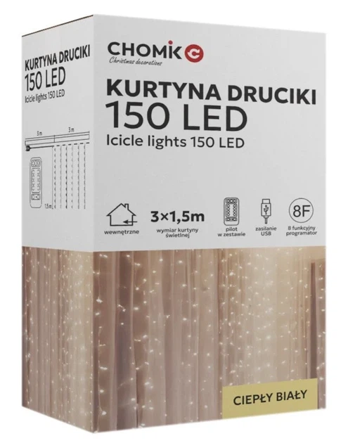 Гірлянда електрична Chomik срібляста 3х1,5 м 150 LED теплий білий USB з пультом - Фото 2 Гірлянда електрична Chomik срібляста 3х1,5 м 150 LED теплий білий USB з пультом - зображення 2