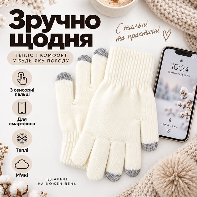 Перчатки зимние сенсорные с начесом, теплые вязаные варежки для сенсорного экрана, унисекс белые KT9002702 - изображение 6