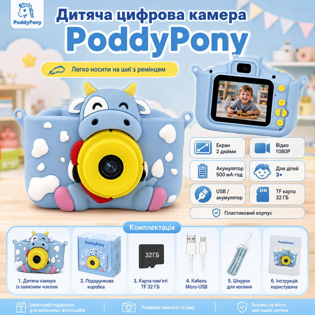 Дитяча цифрова камера PoddyPony у формі корівки з екраном 2″, відео 1080P та картою пам’яті 32 ГБ - зображення 5