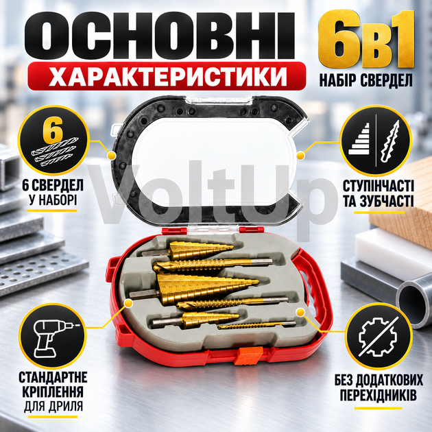 Набор ступенчатых и зубчатых сверл 6 в 1 HSS 4241 для металла дерева пластика и кровельных материалов - Фото 3 Набор ступенчатых и зубчатых сверл 6 в 1 HSS 4241 для металла дерева пластика и кровельных материалов - изображение 3