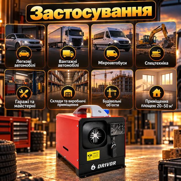 Автономный дизельный обогреватель DRIVOR G1427 9 кВт 12/24 В Bluetooth Webasto с пультом ДУ дисплеем переносная автономка для авто гаража помещений 20–50 м² - изображение 3