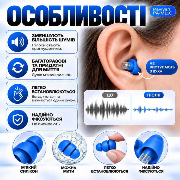Беруші для сну роботи захист від хропіння беруші для плавання стрільби Pavlysh PA-M11BL - Фото 2 Беруші для сну роботи захист від хропіння беруші для плавання стрільби Pavlysh PA-M11BL - зображення 2