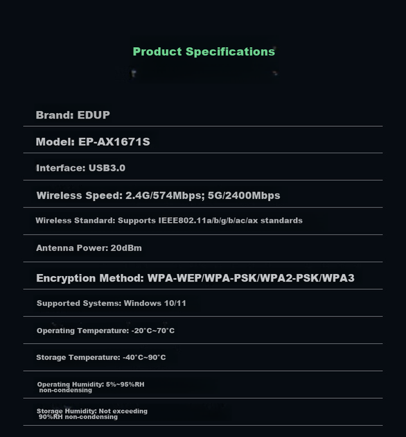 Wi-Fi адаптер EDUP AX5400M WiFi6 / Два диапазона / USB 3.0 (EP-AX1671S) - Фото 10 Wi-Fi адаптер EDUP AX5400M WiFi6 / Два диапазона / USB 3.0 (EP-AX1671S) - изображение 10
