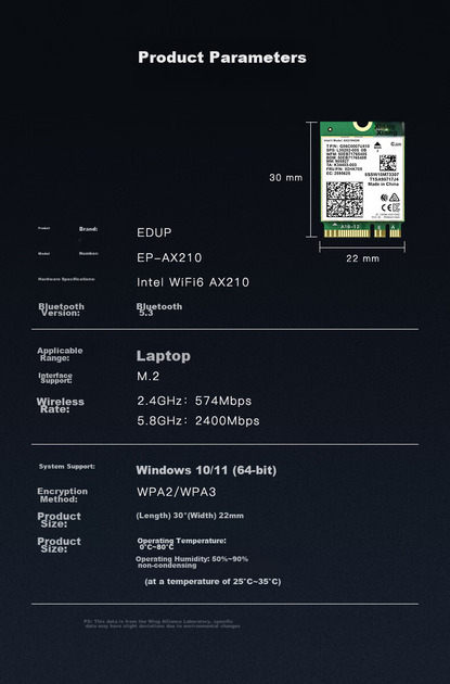 Wi-Fi/Bluetooth адаптер EDUP AX210 WiFi6/2400 Мбит/с/Bluetooth 5.3/Три диапазона/M.2 - Фото 9 Wi-Fi/Bluetooth адаптер EDUP AX210 WiFi6/2400 Мбит/с/Bluetooth 5.3/Три диапазона/M.2 - изображение 9