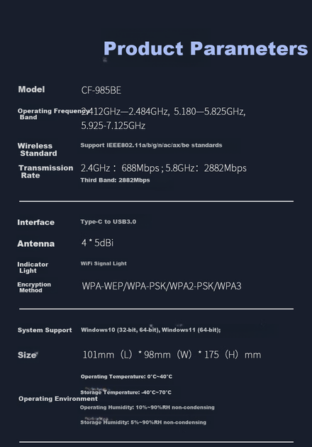 Wi-Fi адаптер COMFAST CF-985BE WiFi7 / 6452 Мбіт/с / 6 ГГц / Три діапазони / USB Type-C - Фото 8 Wi-Fi адаптер COMFAST CF-985BE WiFi7 / 6452 Мбіт/с / 6 ГГц / Три діапазони / USB Type-C - зображення 8