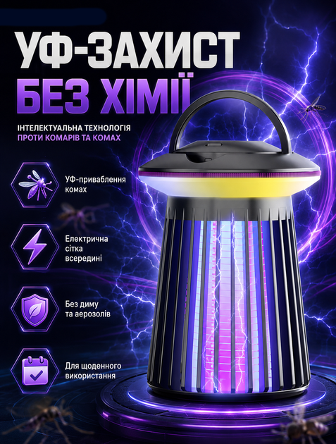 Лампа уничтожитель комаров электрическая 5 Вт аккумулятор 2000 мАч Type C зарядка ультрафиолетовая 13х8,5 см 220 г с подсветкой - изображение 4
