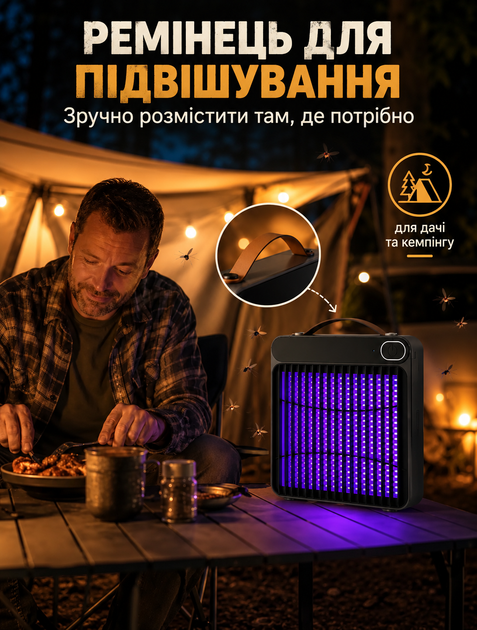 Ультрафиолетовая лампа от комаров и мух для дома с USB-подключением 360° покрытие до 30 м² бесшумная с ремешком - изображение 3