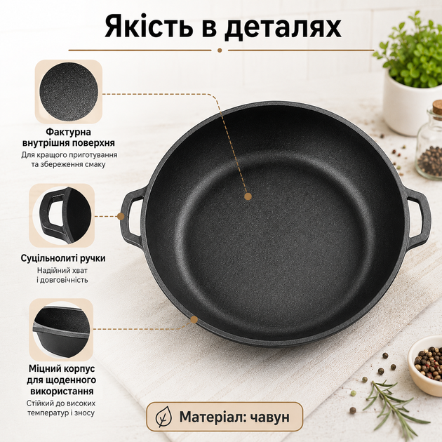 Чугунная жаровня Maysternya Т102 24 см высота 6 см вес 2,1 кг круглая сковорода без покрытия для всех видов плит и духовки - изображение 2