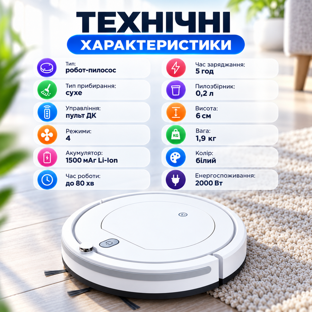 Компактний робот-пилосос 6 см для прибирання під меблями з автономною роботою до 80 хв - зображення 5