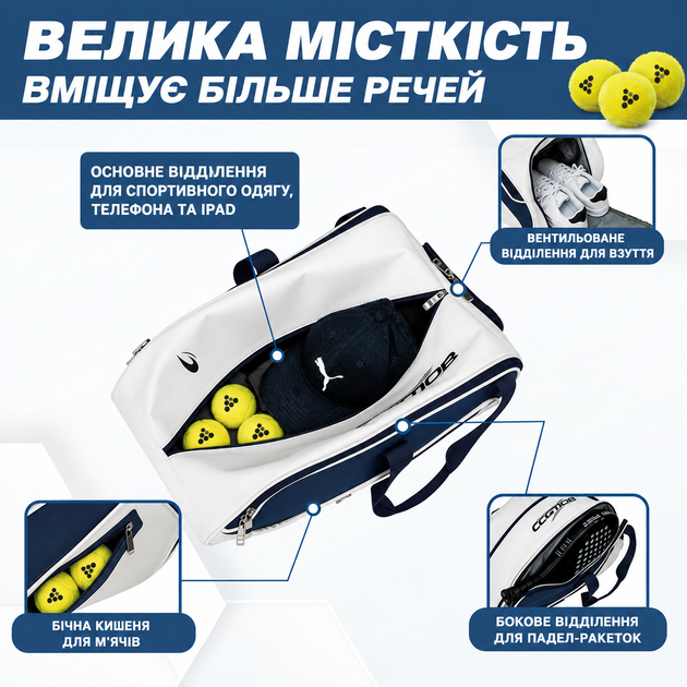 Рюкзак для падел тенісу спортивний для перенесення форми спортивного інвентарю та аксесуарів, колір білий P24109_white - Фото 3 Рюкзак для падел тенісу спортивний для перенесення форми спортивного інвентарю та аксесуарів, колір білий P24109_white - зображення 3