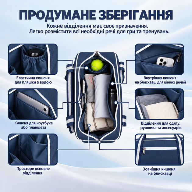 Сумка для падел тенісу спортивний для перенесення форми спортивного інвентарю та аксесуарів, колір сіро-синій Q25-017_grey - Фото 6 Сумка для падел тенісу спортивний для перенесення форми спортивного інвентарю та аксесуарів, колір сіро-синій Q25-017_grey - зображення 6