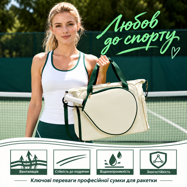 Сумка для падел тенісу спортивний для перенесення форми спортивного інвентарю та аксесуарів, колір бежевий Q24-003-1 - Фото 2 Сумка для падел тенісу спортивний для перенесення форми спортивного інвентарю та аксесуарів, колір бежевий Q24-003-1 - зображення 2