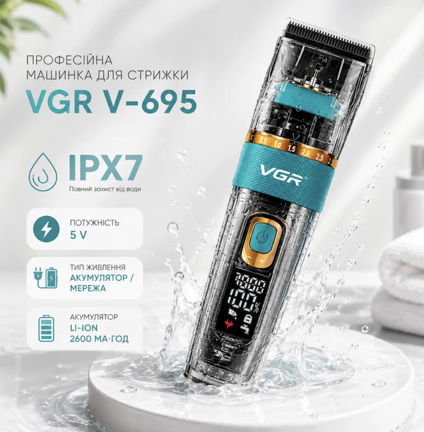 Профессиональная машинка для стрижки VGR V-695 5 V Li-ion 2600 мА·ч до 5 часов 3 скорости 5000/6000/7000 об/мин IPX7 LED-дисплей Ножи керамика нержавеющая сталь - Фото 1 Профессиональная машинка для стрижки VGR V-695 5 V Li-ion 2600 мА·ч до 5 часов 3 скорости 5000/6000/7000 об/мин IPX7 LED-дисплей Ножи керамика нержавеющая сталь - изображение 1
