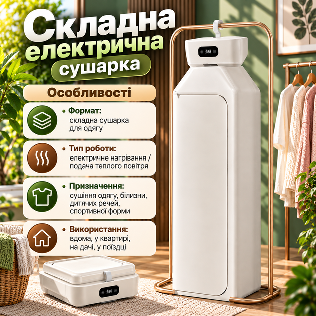  Складна електросушарка для одягу DRYING CLOTH HEATER з таймером 30 хв–6 год для білизни дитячих речей спортивної форми дому дачі поїздок - зображення 3