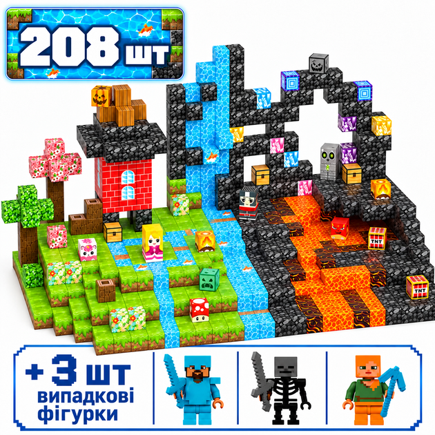 Магнітний конструктор Minecraft 208 шт по грі Майнкрафт Два світи: Вода та Лава Mk001064 - Фото 1 Магнітний конструктор Minecraft 208 шт по грі Майнкрафт Два світи: Вода та Лава Mk001064 - зображення 1
