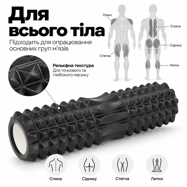 Масажний ролик для спини та м'язів 45×12 см, рельєфний Foam Roller, PVC + Foam Чорний - Фото 3 Масажний ролик для спини та м'язів 45×12 см, рельєфний Foam Roller, PVC + Foam Чорний - зображення 3