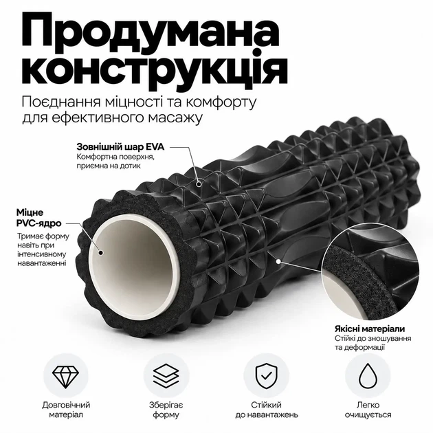 Масажний ролик для спини та м'язів 45×12 см, рельєфний Foam Roller, PVC + Foam Чорний - Фото 5 Масажний ролик для спини та м'язів 45×12 см, рельєфний Foam Roller, PVC + Foam Чорний - зображення 5