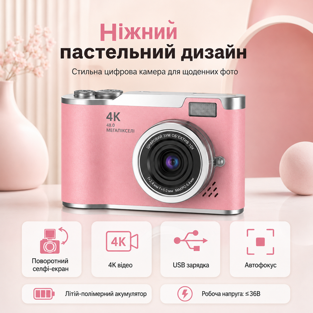 Компактна цифрова фотокамера з поворотним екраном 180°, автофокусом, фото до 48 Мп, відео 4K та 8X зумом - зображення 2