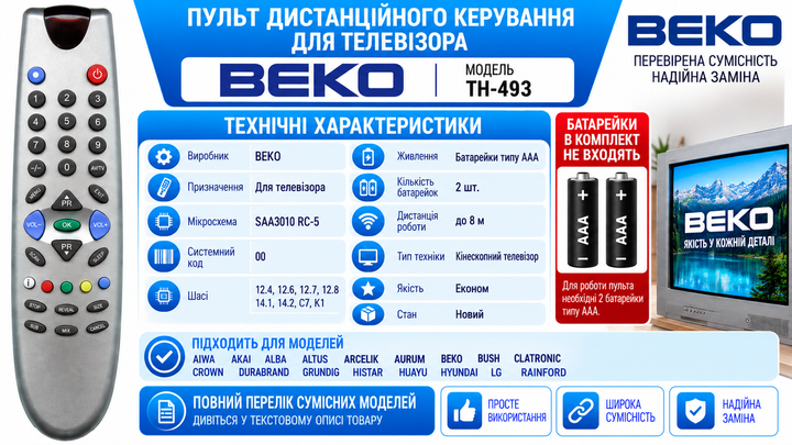 Пульт дистанційного керування для телевізора BEKO моделі TH-493 - изображение 3