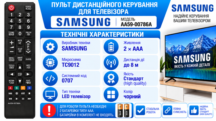Пульт дистанційного керування (ДК) для телевізора SAMSUNG моделі AA59-00786A - изображение 3