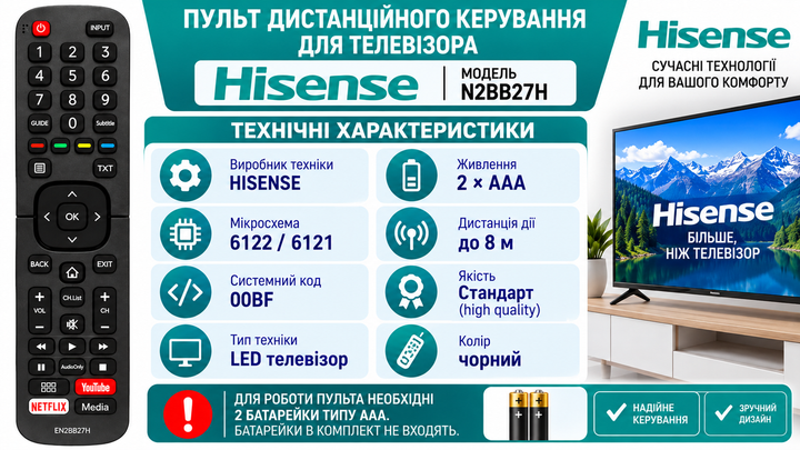 Пульт дистанційного керування для телевізора HISENSE модель N2BB27H - Фото 3 Пульт дистанційного керування для телевізора HISENSE модель N2BB27H - изображение 3